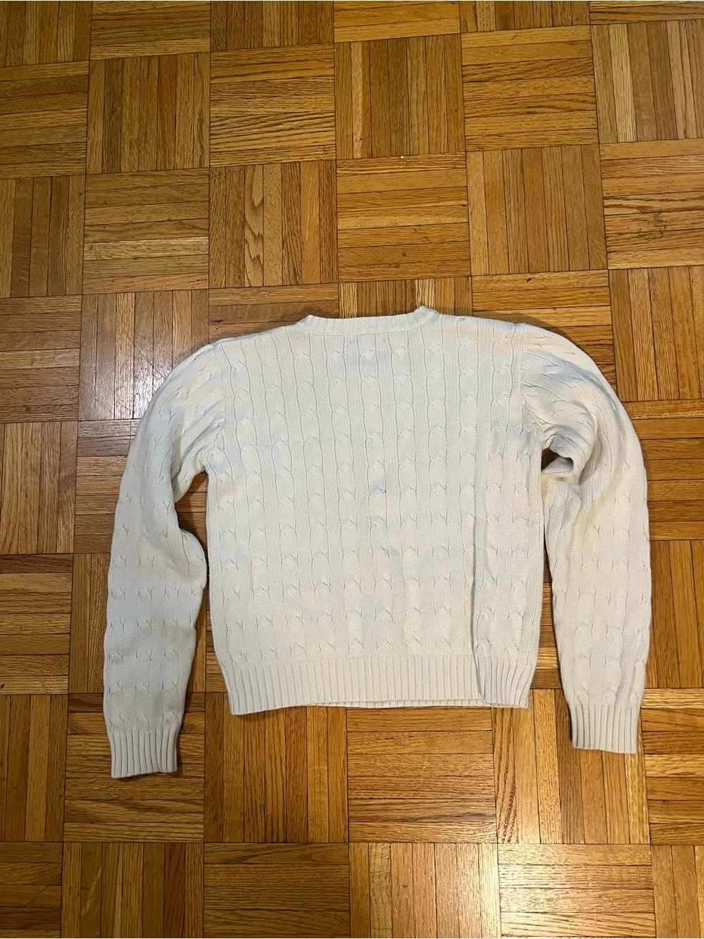 Preppy Kids Ralph Lauren Cream Cable-Knit Crewneck Sweater with Pink Pony Large